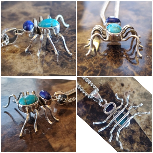 Genuine Mojave Turquoise and Lapis Spider Pendant - Picture 3 of 4